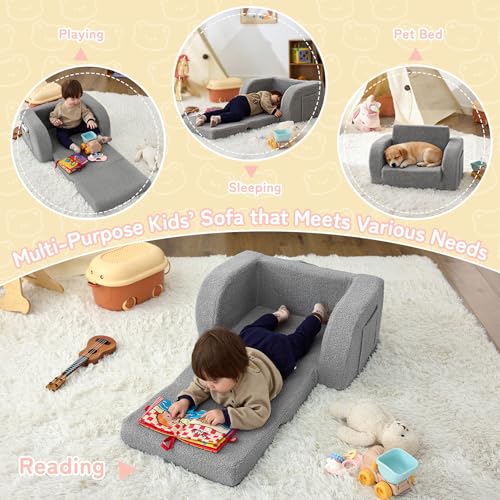 2-in-1 Convertible Toddler Couch & Fold-Out Foam Sofa Chair - Grey