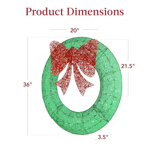 36in Pre-Lit Outdoor Christmas Wreath with 120 LED Lights & Red/Green Bow - Weatherproof Holiday Decor