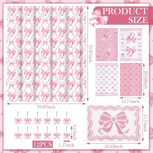 18-Piece Pink Bow Shower Curtain Set with Rug, Towels, and Decorative Hooks