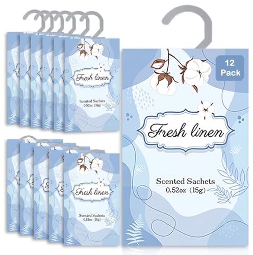 Fresh Linen Closet Air Freshener Sachets with Hanging Hook, 12-Pack