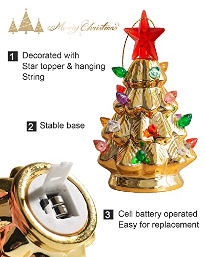 B SEPOR Set of 3 Mini 4.5-inch Nostalgic LED Ceramic Christmas Tree Ornaments with Lights, Hanging Holiday Decor