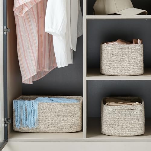 3 Pack Small Woven Cotton Rope Storage Baskets with Handles