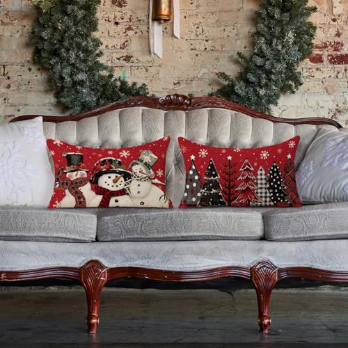Red Christmas Pillow Covers 12x20 Set of 2 with Snowman & Trees