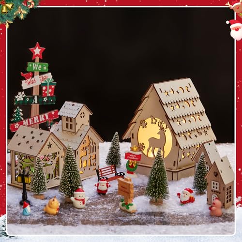 29-Piece DIY Wooden Christmas Village Set with LED Lights and Miniatures