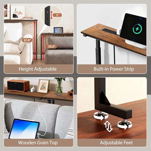 90-Inch Adjustable Height Sofa Table with Charging Station, Rustic Brown