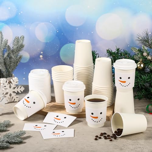 AimFun White Snowman Disposable Coffee Cups Set with Lids & Sleeves - 50 Pack