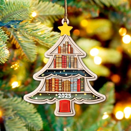 Book Tree 2-Layer Wooden Christmas Ornament – Bookworm Gift for Women, Teachers & Librarians (Variation: Book Tree 2 Layer)
