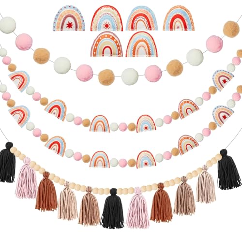 4-Piece Boho Felt Garland Set, Rainbow and Tassel Wall Decor for Nursery