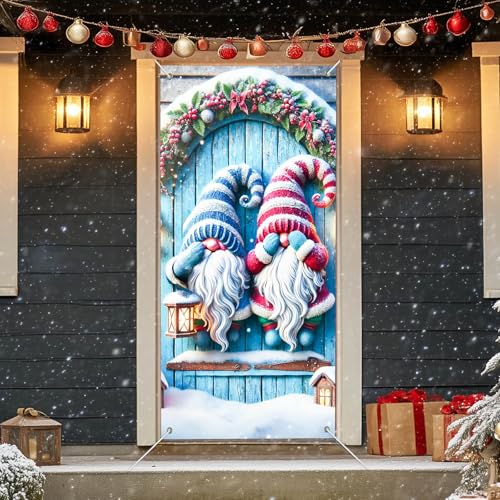IVN Gnome Lantern Christmas Door Cover 35x71 Inch Winter Holiday Decor