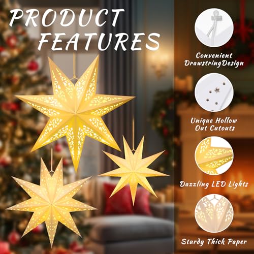 Christmas Paper Star Lanterns Set of 6 - 7 & 9 Pointed Stars with LED Strings - 3 Sizes