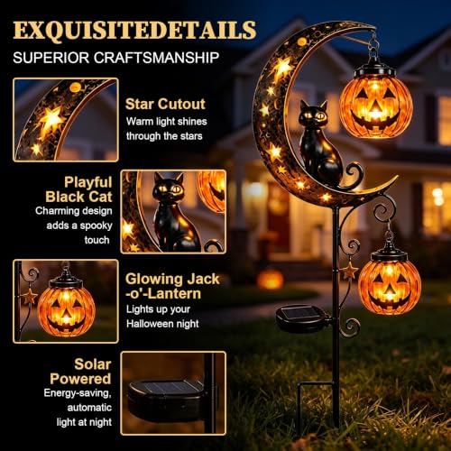 Solar Halloween Black Cat & Pumpkin Moon Stake Light - Metal Yard Decor