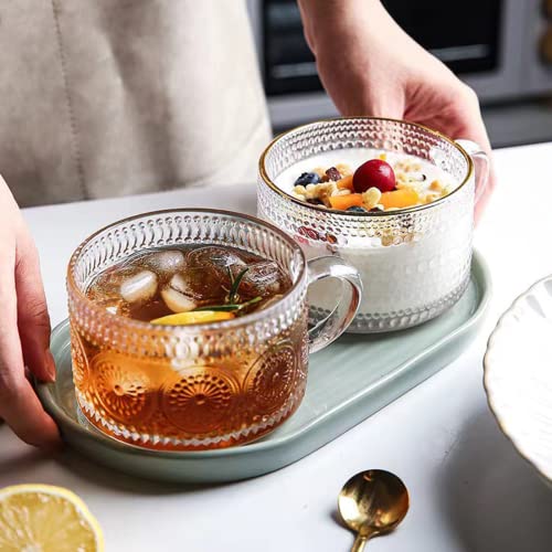 Mfacoy Translucent Vintage Coffee Mug Set of 2, 14 oz Embossed Glass Cups with Handle for Hot & Cold Beverages