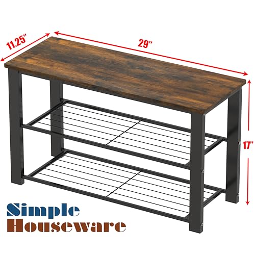 2-Tier Shoe Rack Bench, Rustic Brown Metal Entryway Storage Organizer
