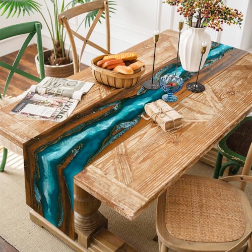 Forever Queen Teal Wood Grain Table Runner 13 x 72 Inch - Ocean Variation for Modern Farmhouse
