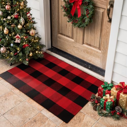Christmas Outdoor Rug, Red and Black Buffalo Plaid Front Porch Rug
