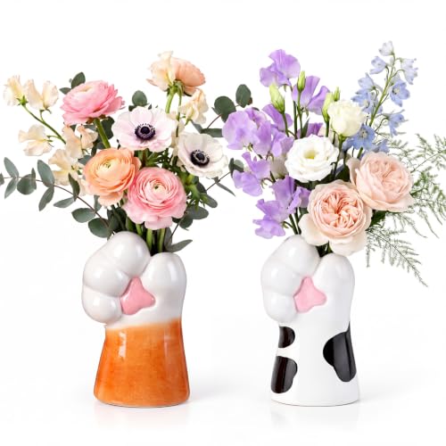 2Pcs Ceramic Cat Paw Vase Set - Cute Cat Claw Flower Holders for Home Decor