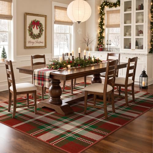 Ivy Red Plaid Christmas Washable Area Rug 5x7 for Living Room, Holiday Decor