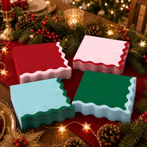 Christmas Paper Napkins Set - 100Pcs Scalloped Holiday Disposable Tableware - Red, Green, Pink, Blue
