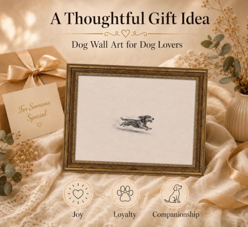 Gold Framed Running Dog Wall Art Vintage Sketch Canvas 9x11 Inch