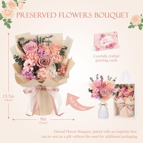Preserved Pink Rose Bouquet with White Vase - Long-Lasting Eternal Flowers