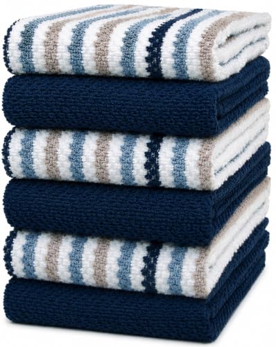 6-Pack 100% Cotton Kitchen Towels 16"x26" - Blue Striped Absorbent Hand Towels