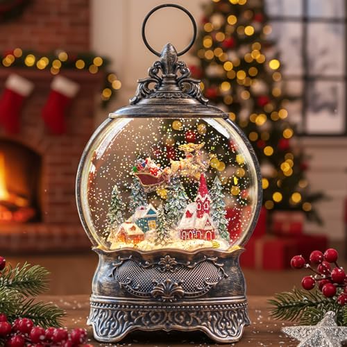 Christmas Snow Globe Lantern with Music, Timer & Swirling Glitter