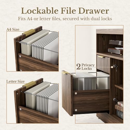 4-Drawer Fluted File Cabinet with Charging Station and Open Shelves