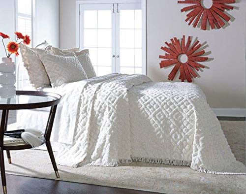 Diamond Tufted Chenille Bedspread - Queen Size - White