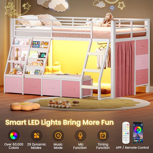 Kids Loft Bed with Storage Drawers, Reading Nook & LED Lights, White & Pink