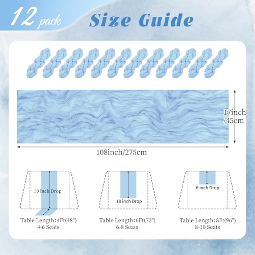 12 Pack Baby Blue Cheesecloth Table Runners, 17x108 Inch Boho Gauze Fabric