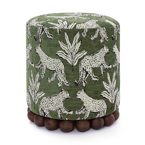 Olive Green Leopard Jacquard Ottoman with Spherical Wood Base
