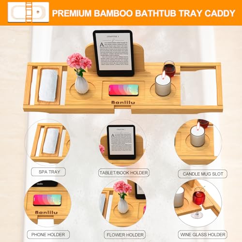 Banlilu Natural Bamboo Bathtub Caddy Tray Expandable Fits Most Tubs