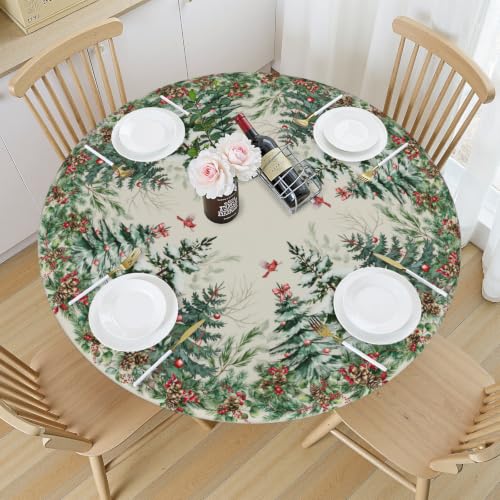 Roverantic 44-Inch Beige Green Red Christmas Round Fitted Tablecloth Winter Decor