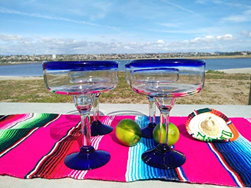Set of 4 Mexican Hand Blown Margarita Glasses - Cobalt Blue Rim, 14 oz