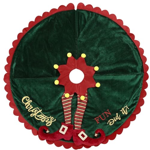 Elf Christmas Tree Skirt 48in Green Velvet with Elf Legs Ripple Trim - ipalmay