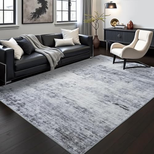 4x6 Washable Non-Slip Area Rug - Grey Abstract Low Pile Indoor Carpet