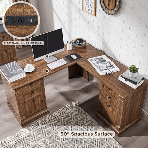 60-Inch L-Shaped Executive Desk with Charging Station and Storage Drawers