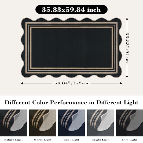 Scalloped Jute-Look 3x5 Area Rug, Non-Slip Washable Indoor Outdoor Mat