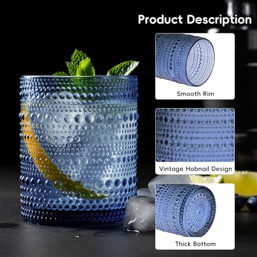 Moretoes Blue Hobnail Drinking Glasses Set of 6, 10oz & 12oz Vintage Glass Cups