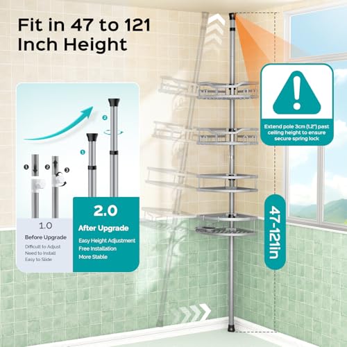Corner Shower Caddy Tension Pole - 4-Tier Rustproof Bathroom Organizer