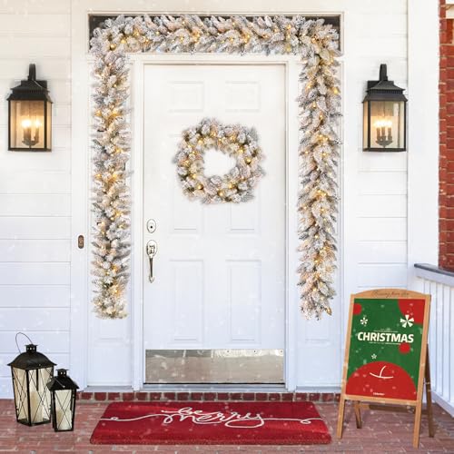 Snow Flocked 9ft Battery-Operated Pre-Lit Christmas Garland with Warm LEDs