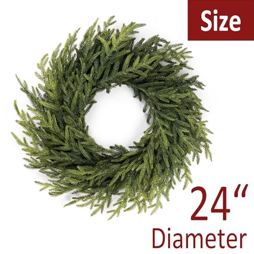HomeKaren 24-Inch Real Touch Norfolk Pine Christmas Wreath for Front Door - Indoor & Outdoor Holiday Decor