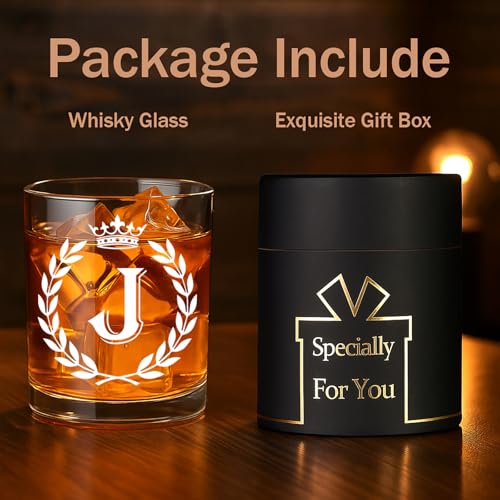 Personalized Whiskey Glass with Letter J Initial - Transparent 10 OZ Old Fashioned Gift for Men
