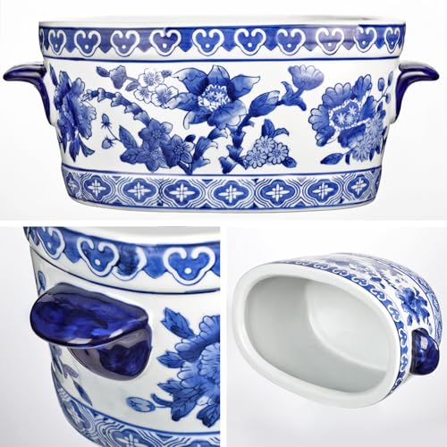 Blue and White Ceramic Planter Pot - Vintage Floral Oval Cachepot