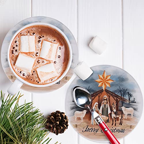 Christmas Coasters Set of 4 Ceramic Drink Coasters with Nativity Pattern - Holiday Table Decor