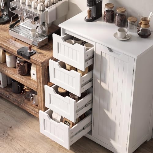 Small Coffee Bar Cabinet with 4 Drawers and Adjustable Shelf, White Sideboard