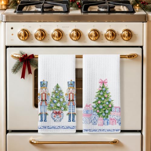 2 Pcs Blue Nutcrackers Christmas Kitchen Towels, 14x24in Premium Waffle-Weave