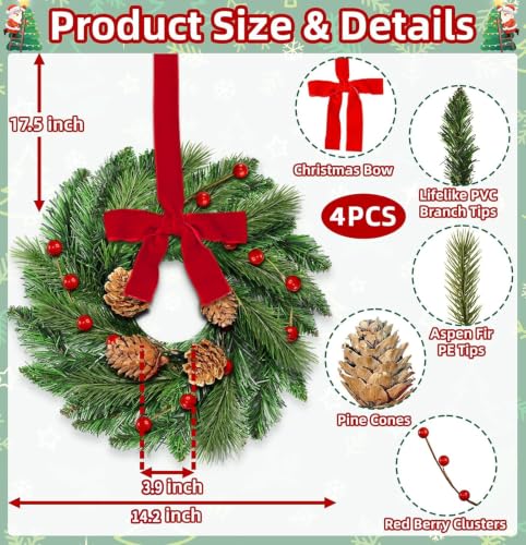AMENON 4 Pcs Mini Christmas Wreaths for Kitchen Cabinets, Holiday Decor