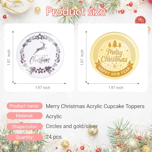 Xmas Silver Gold Mixed Cupcake Toppers 24Pcs for Christmas Party Decoration - Wolpark