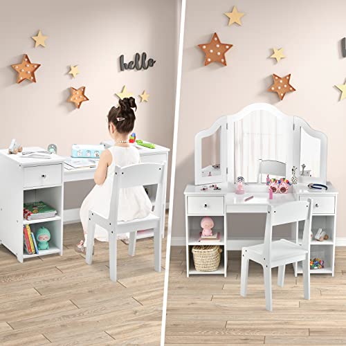 Kids Vanity Table and Chair Set with Tri-Folding Mirror and Storage